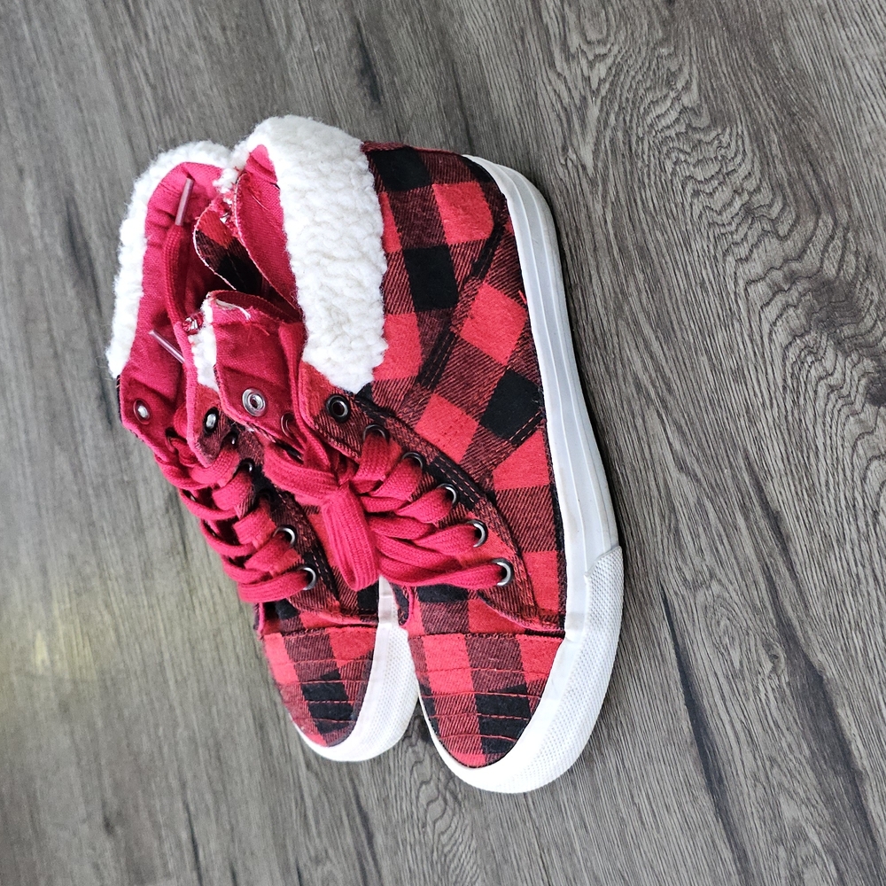 Red Plaid High-Top Sneakers with Faux Fur Lining